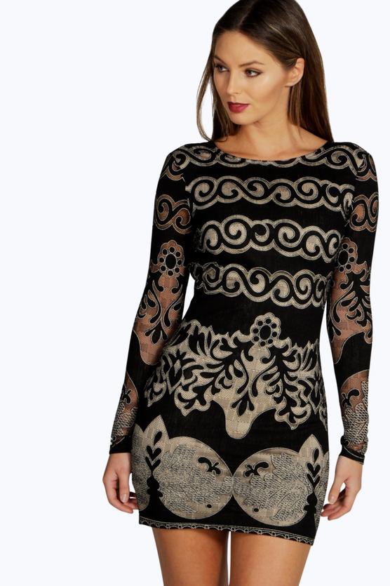 Claire Lace Panelled Long Sleeve Bodycon Dress